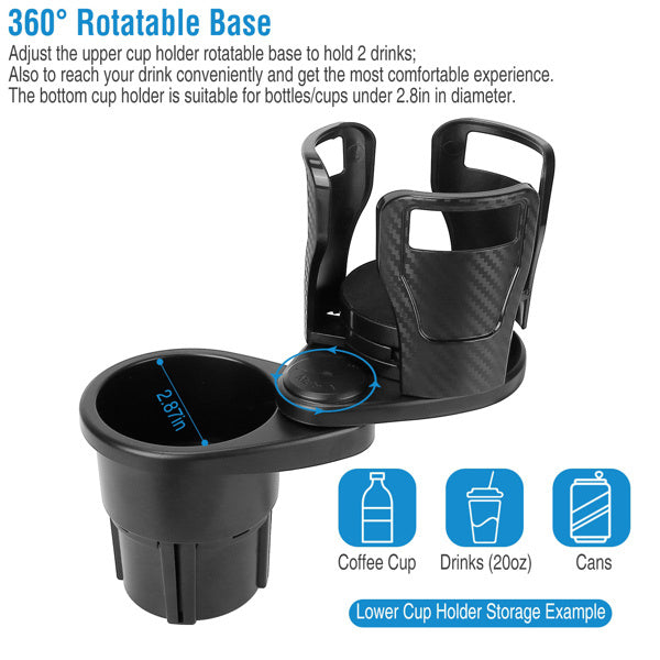 2-in-1 Adjustable Car Cup Holder Extender – Double Cup Holder with 360° Rotation, Multifunctional Design, Fits Most Vehicles