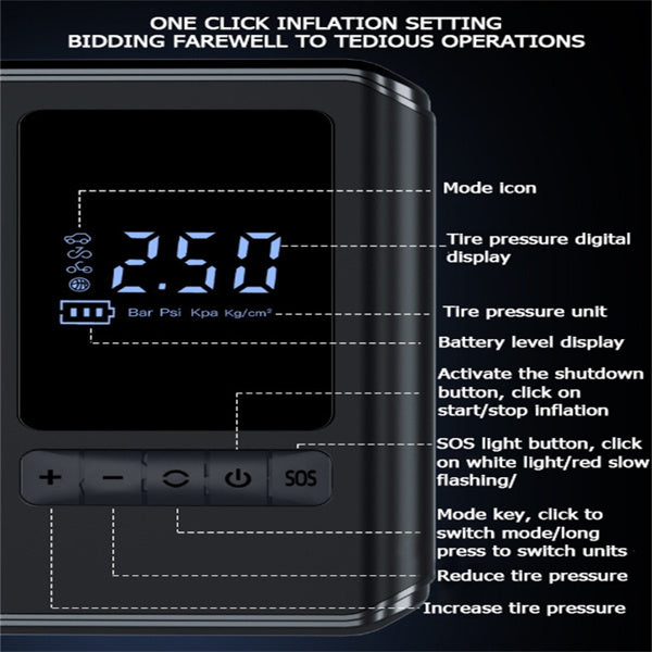 Portable Mini Tire Inflator & Air Compressor – LED Digital Display, Built-in Light, Power Bank Function for Cars & Bikes