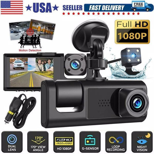 Dual Lens Dash Cam HD 1080P – Front, Rear, and Interior Car Camera with G-Sensor for Complete Video Recording