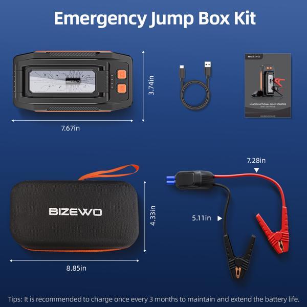 BIZEWO 4000A Portable Car Jump Starter – Powerful Battery Pack for Up to 8.0L Gas & 6.5L Diesel Engines