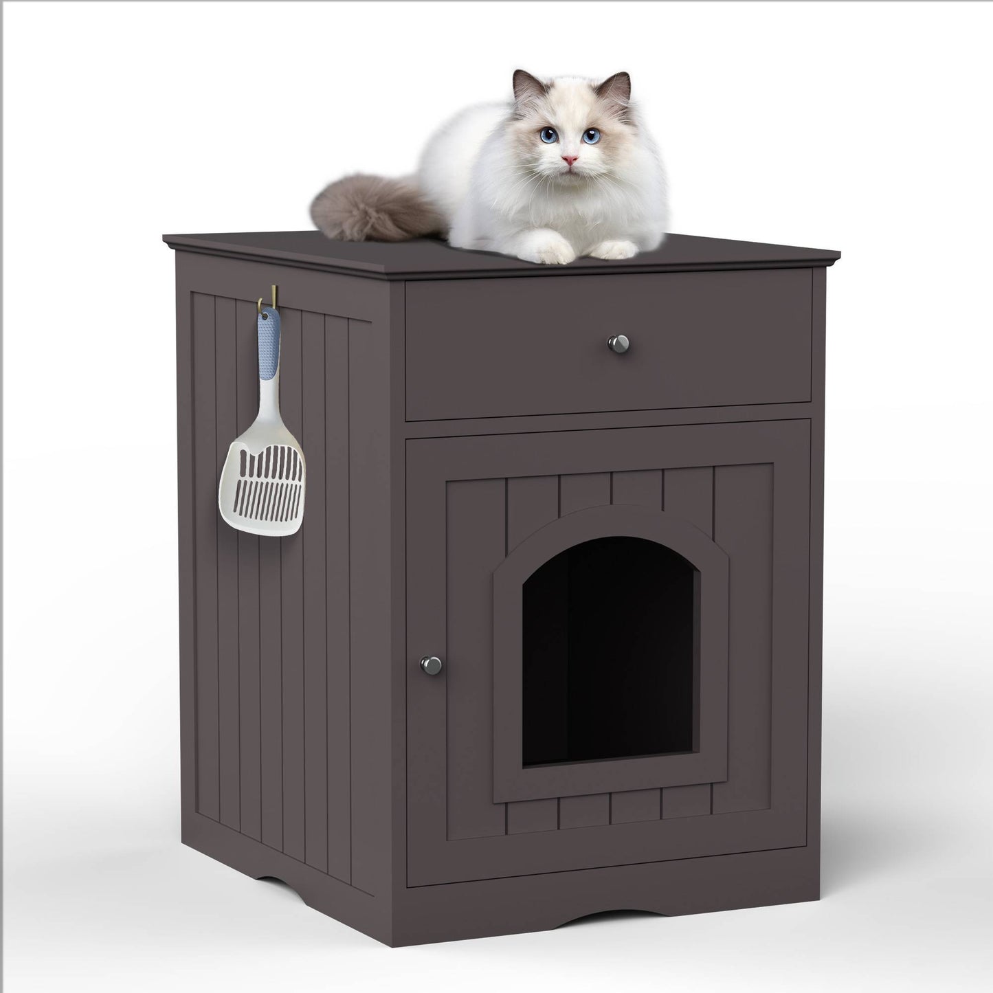 Multi-Functional Wooden Pet House – Cat Litter Box Enclosure with Drawer & Side Table, Stylish Indoor Pet Crate Furniture