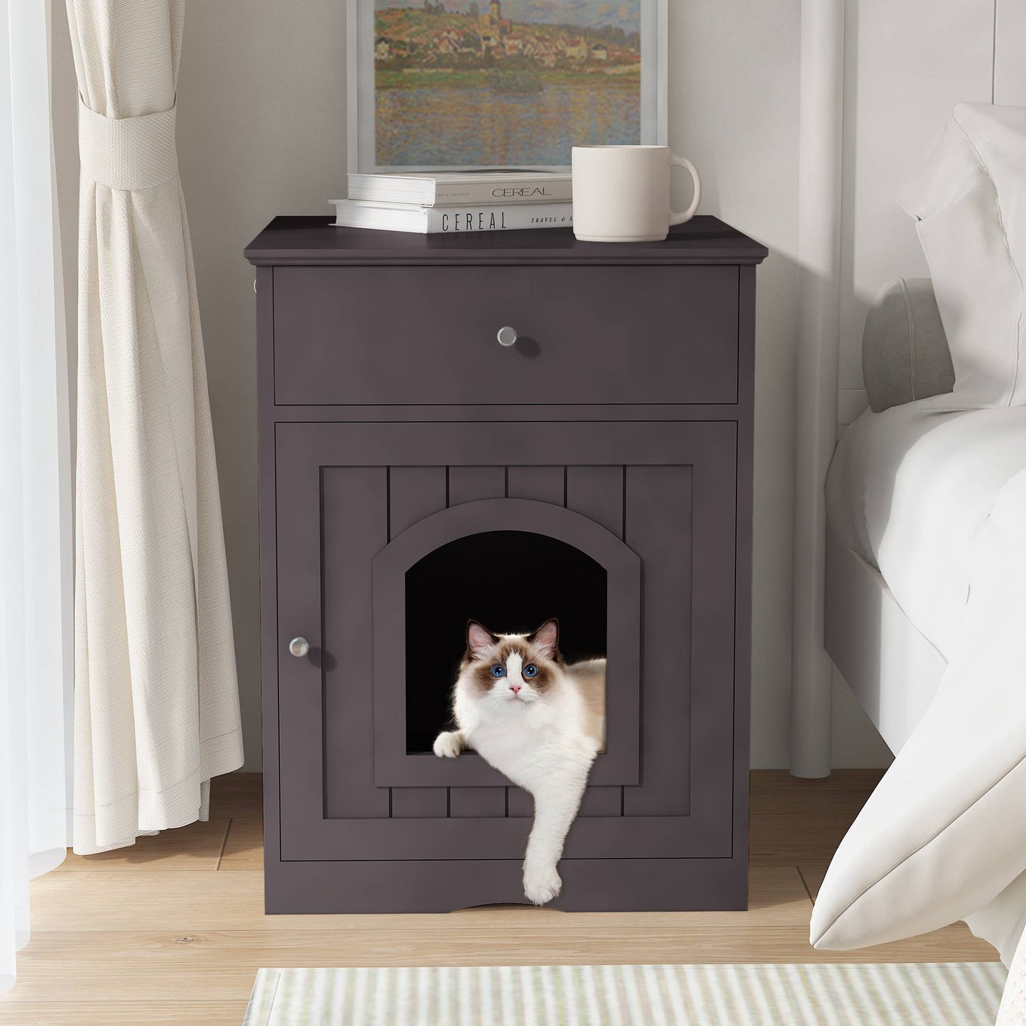 Multi-Functional Wooden Pet House – Cat Litter Box Enclosure with Drawer & Side Table, Stylish Indoor Pet Crate Furniture